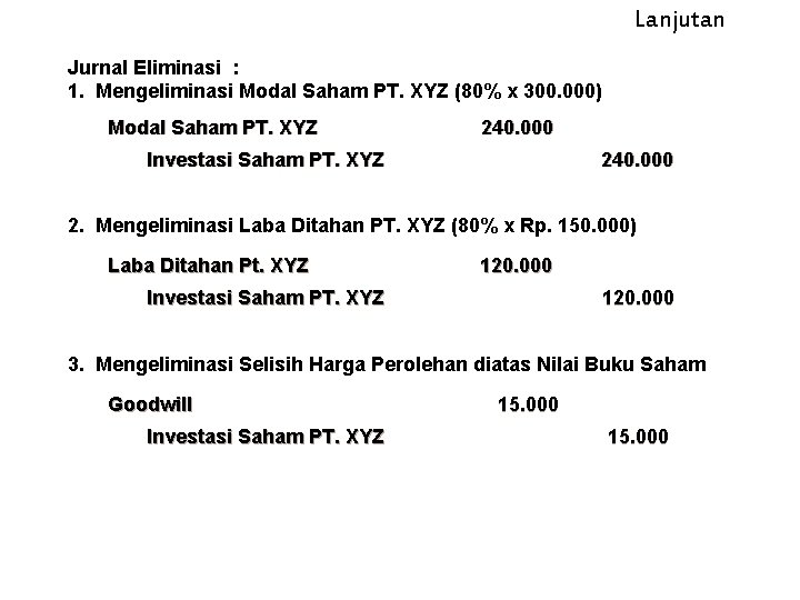 Lanjutan Jurnal Eliminasi : 1. Mengeliminasi Modal Saham PT. XYZ (80% x 300. 000)