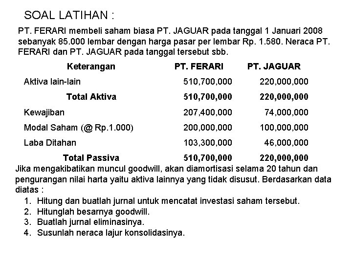 SOAL LATIHAN : PT. FERARI membeli saham biasa PT. JAGUAR pada tanggal 1 Januari