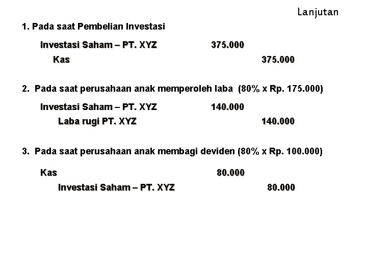 Lanjutan 1. Pada saat Pembelian Investasi Saham – PT. XYZ 375. 000 Kas 375.