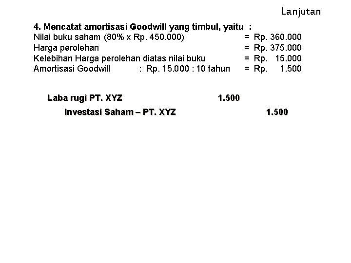 Lanjutan 4. Mencatat amortisasi Goodwill yang timbul, yaitu : Nilai buku saham (80% x