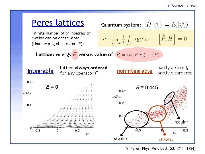 2. Quantum chaos Peres lattices Quantum system: Infinite number of of integrals of motion