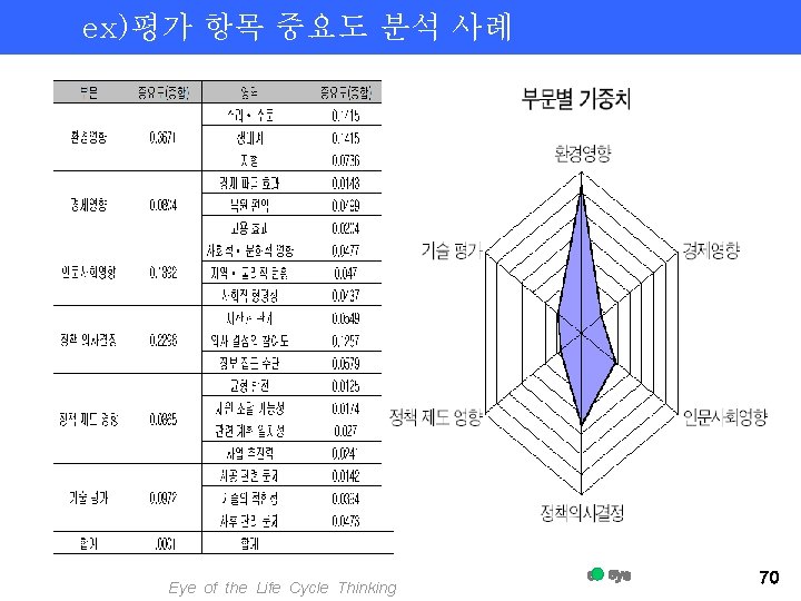 ex)평가 항목 중요도 분석 사례 Eye of the Life Cycle Thinking 70 