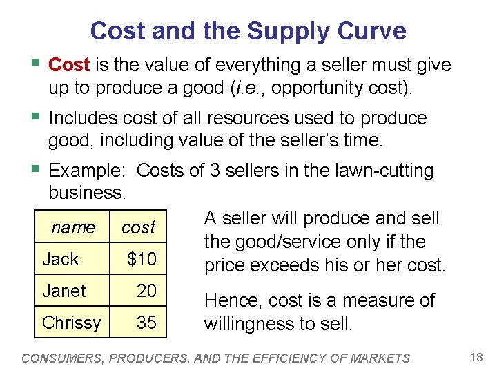Cost and the Supply Curve § Cost is the value of everything a seller