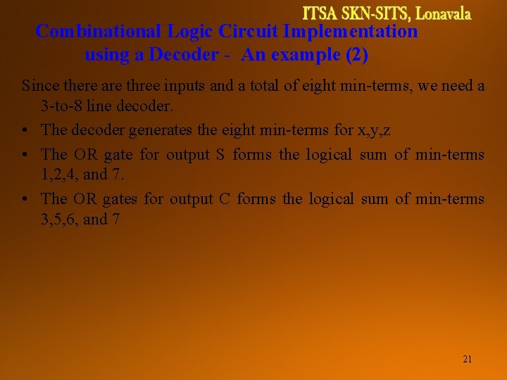 DIGITAL SYSTEMS TCE 1111 Combinational Logic Circuit Implementation using a Decoder - An example