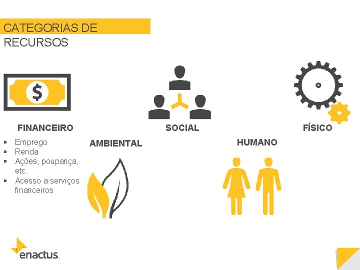 CATEGORIAS DE RECURSOS SOCIAL FINANCEIRO § Emprego § Renda § Ações, poupança, etc. §