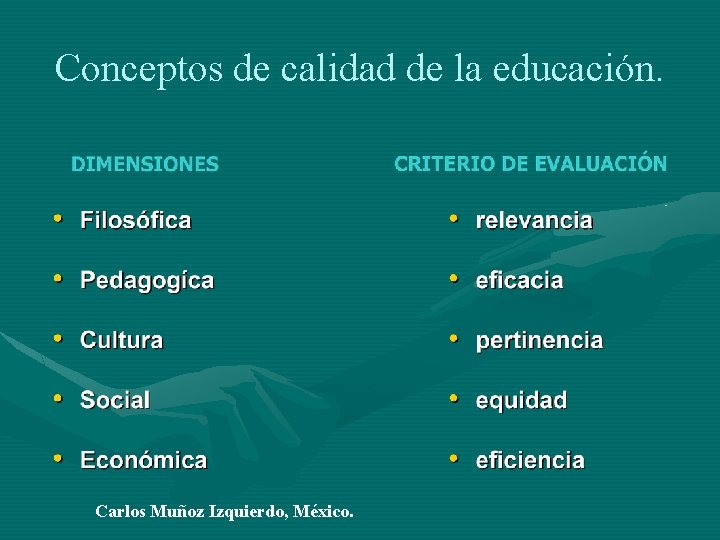 Conceptos de calidad de la educación. Carlos Muñoz Izquierdo, México. 