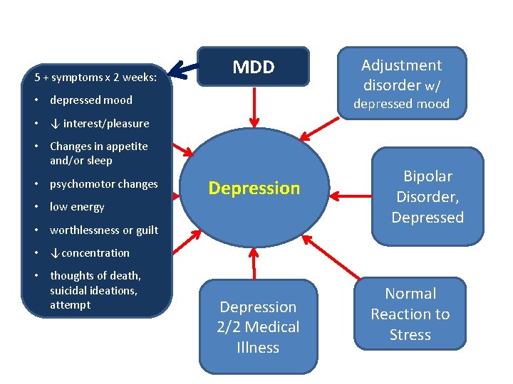 5 + symptoms x 2 weeks: MDD Dysthymia • depressed mood Adjustment disorder w/