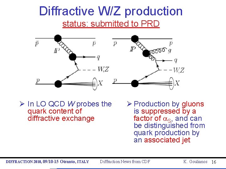 Diffractive W/Z production status: submitted to PRD Ø In LO QCD W probes the