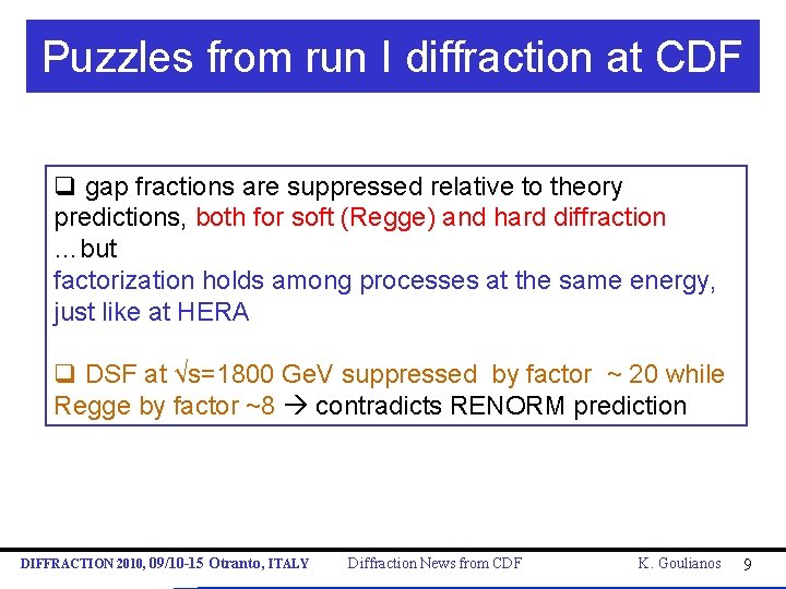 Puzzles from run I diffraction at CDF q gap fractions are suppressed relative to