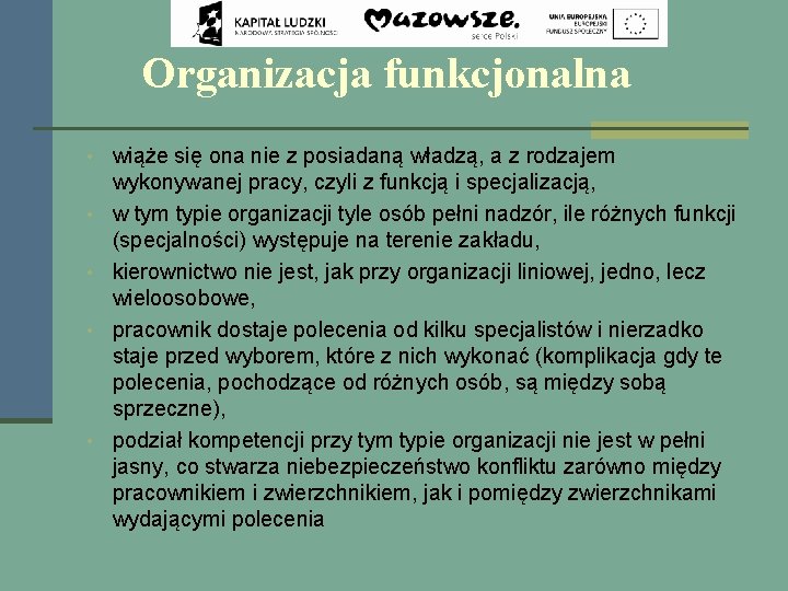 Organizacja funkcjonalna • wiąże się ona nie z posiadaną władzą, a z rodzajem •