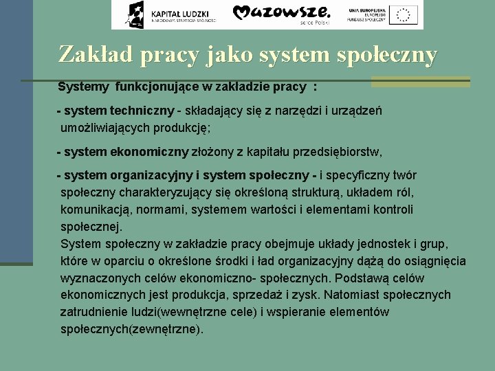 Zakład pracy jako system społeczny Systemy funkcjonujące w zakładzie pracy : - system techniczny