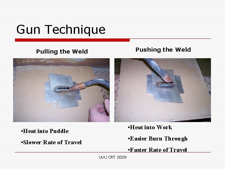 Gun Technique Pushing the Weld Pulling the Weld • Heat into Work • Heat