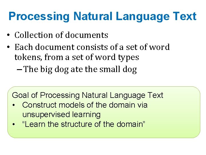 Processing Natural Language Text • Collection of documents • Each document consists of a