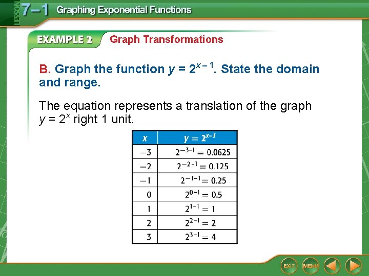 Graph Transformations B. Graph the function y = 2 x – 1. State the