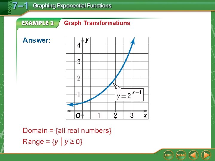 Graph Transformations Answer: Domain = {all real numbers} Range = {y │y ≥ 0}