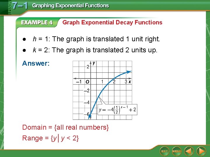 Graph Exponential Decay Functions ● h = 1: The graph is translated 1 unit