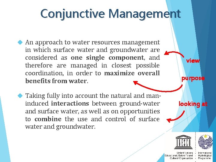 Conjunctive Management An approach to water resources management in which surface water and groundwater