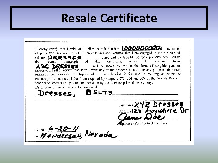 Resale Certificate 