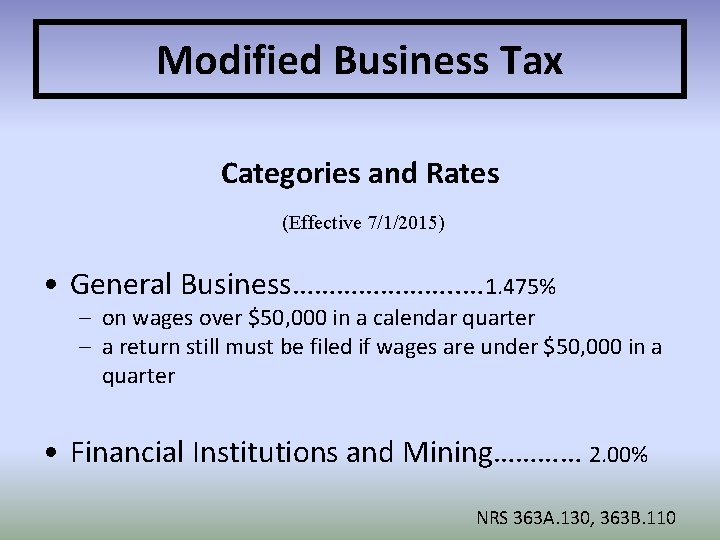 Modified Business Tax Categories and Rates (Effective 7/1/2015) • General Business…………………. . … 1.