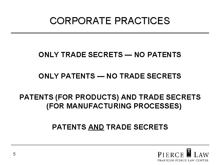 CORPORATE PRACTICES ONLY TRADE SECRETS — NO PATENTS ONLY PATENTS — NO TRADE SECRETS