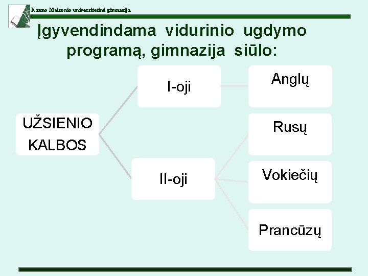 Kauno Maironio universitetinė gimnazija Įgyvendindama vidurinio ugdymo programą, gimnazija siūlo: I-oji UŽSIENIO KALBOS Anglų