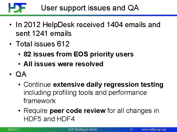 User support issues and QA • In 2012 Help. Desk received 1404 emails and