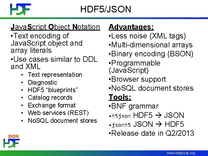 HDF 5/JSON Java. Script Object Notation • Text encoding of Java. Script object and