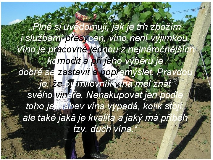 „Plně si uvědomuji, jak je trh zbožím i službami přesycen, víno není výjimkou. Víno