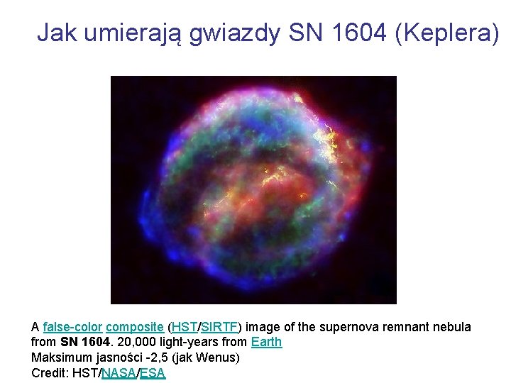 Jak umierają gwiazdy SN 1604 (Keplera) A false-color composite (HST/SIRTF) image of the supernova