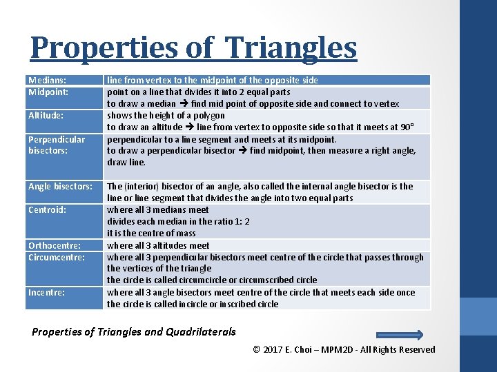 Properties of Triangles Medians: Midpoint: Altitude: Perpendicular bisectors: Angle bisectors: Centroid: Orthocentre: Circumcentre: Incentre: