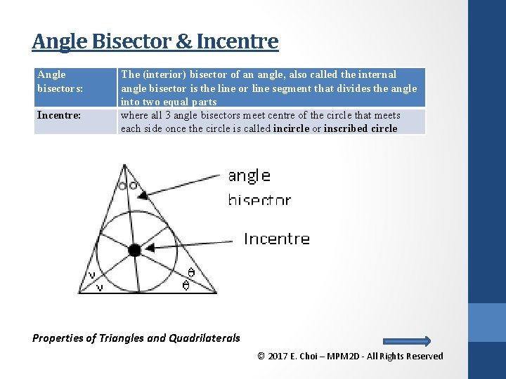 Angle Bisector & Incentre Angle bisectors: Incentre: The (interior) bisector of an angle, also