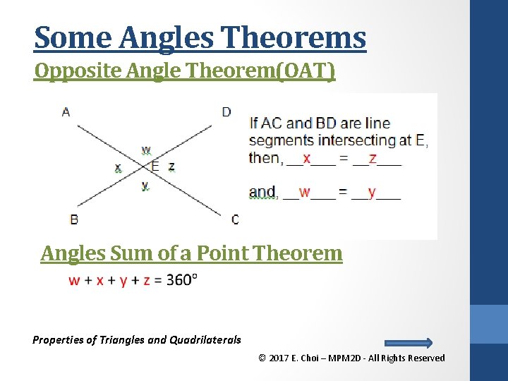 Some Angles Theorems Opposite Angle Theorem(OAT) Angles Sum of a Point Theorem Properties of
