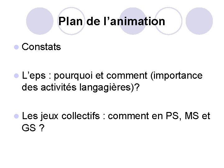 Plan de l’animation l Constats l L’eps : pourquoi et comment (importance des activités