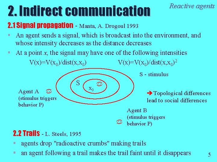 2. Indirect communication Reactive agents 2. 1 Signal propagation - Manta, A. Drogoul 1993