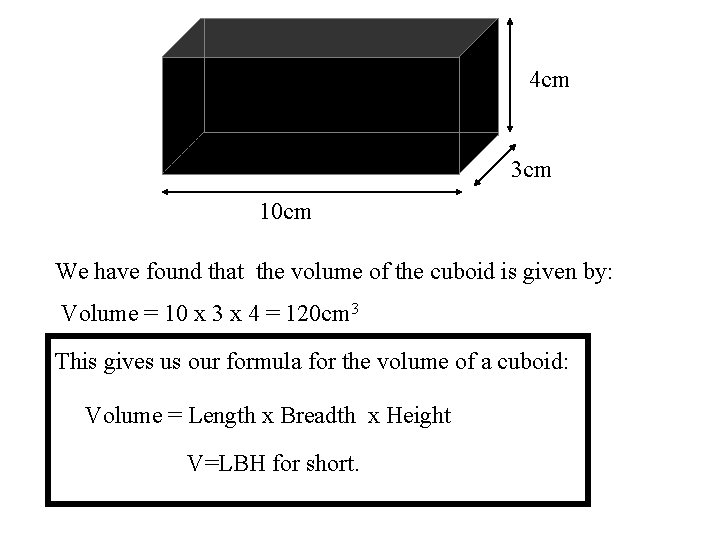 4 cm 3 cm 10 cm We have found that the volume of the