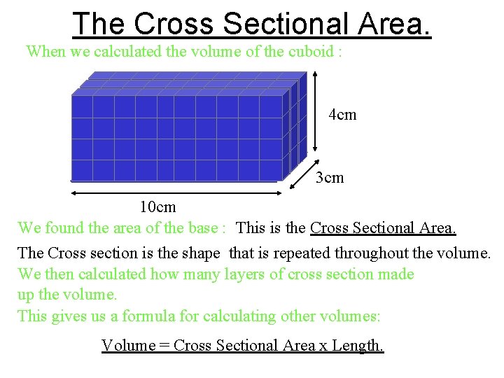 The Cross Sectional Area. When we calculated the volume of the cuboid : 4