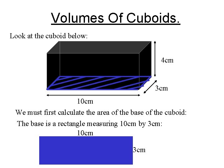 Volumes Of Cuboids. Look at the cuboid below: 4 cm 3 cm 10 cm