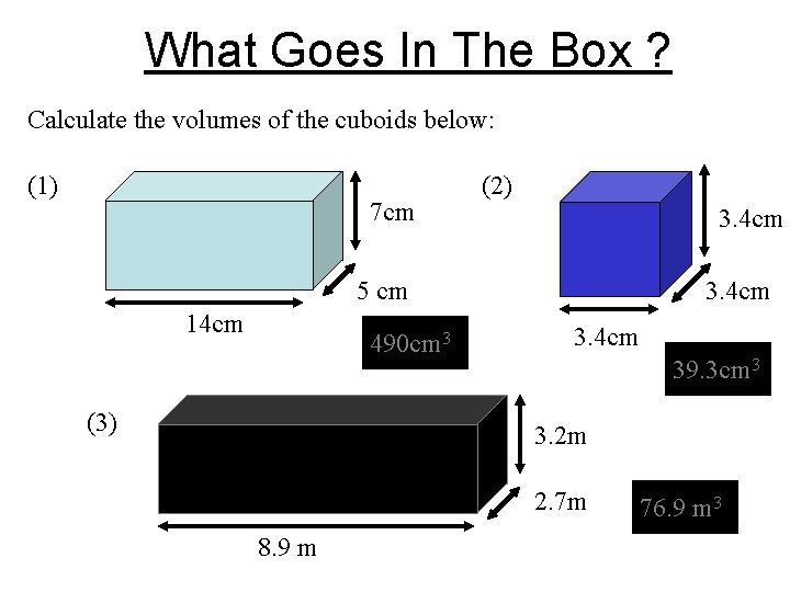What Goes In The Box ? Calculate the volumes of the cuboids below: (1)