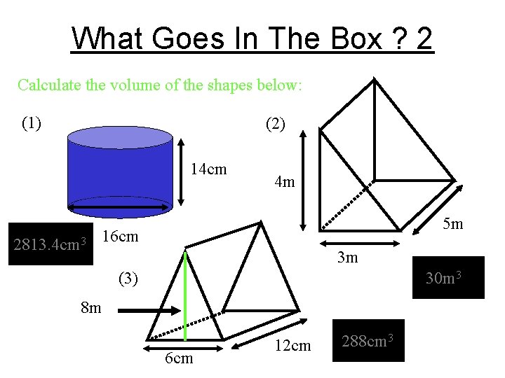 What Goes In The Box ? 2 Calculate the volume of the shapes below: