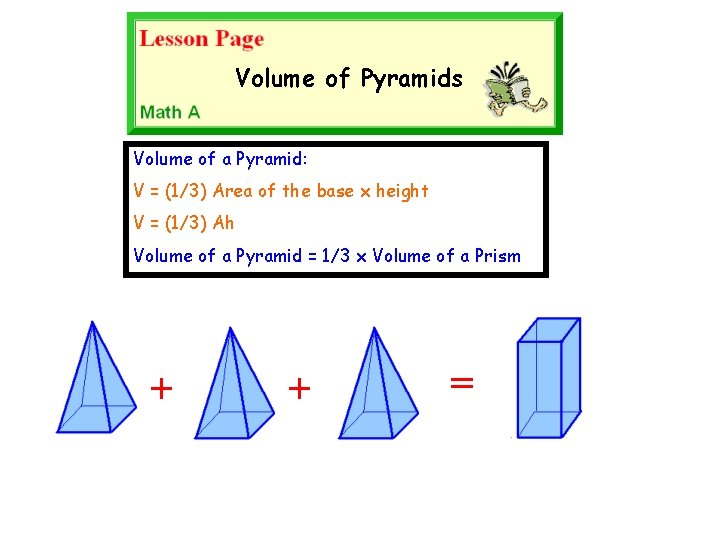 Volume of Pyramids Volume of a Pyramid: V = (1/3) Area of the base