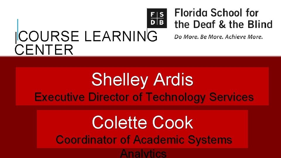 |COURSE LEARNING CENTER Shelley Ardis Executive Director of Technology Services Colette Cook Coordinator of