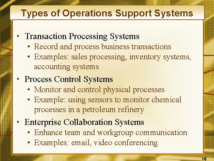 Types of Operations Support Systems • Transaction Processing Systems • Record and process business