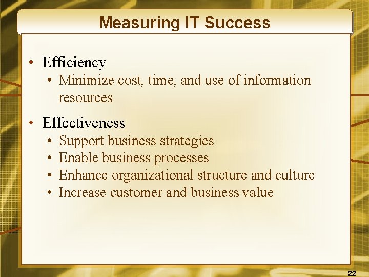 Measuring IT Success • Efficiency • Minimize cost, time, and use of information resources