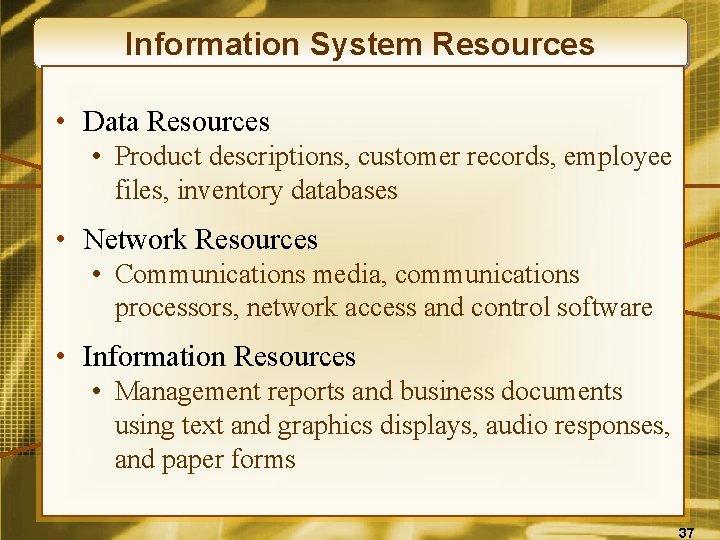 Information System Resources • Data Resources • Product descriptions, customer records, employee files, inventory