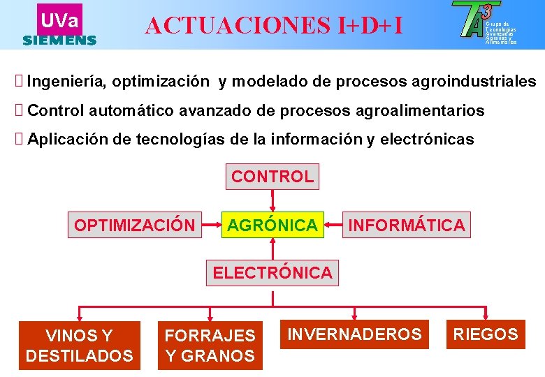 UVa ACTUACIONES I+D+I Grupo de Tecnologías Avanzadas Agrarias y Alimentarias Ingeniería, optimización y modelado