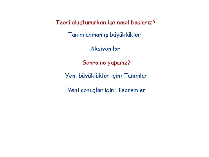 Teori oluştururken işe nasıl başlarız? Tanımlanmamış büyüklükler Aksiyomlar Sonra ne yaparız? Yeni büyüklükler için: