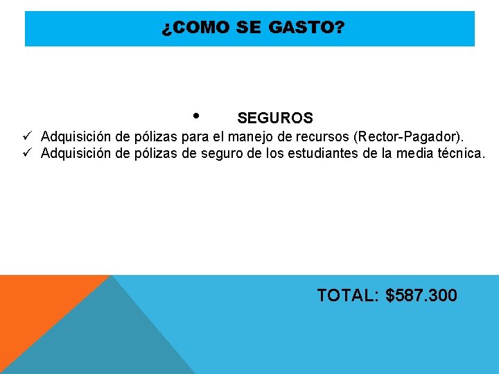 ¿COMO SE GASTO? • SEGUROS ü Adquisición de pólizas para el manejo de recursos