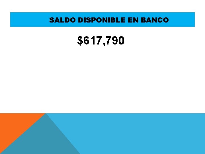 SALDO DISPONIBLE EN BANCO $617, 790 