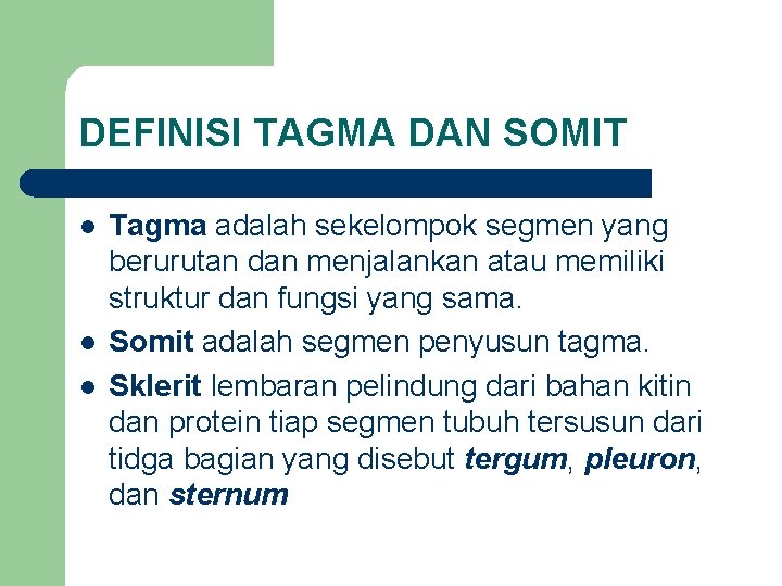 DEFINISI TAGMA DAN SOMIT l l l Tagma adalah sekelompok segmen yang berurutan dan