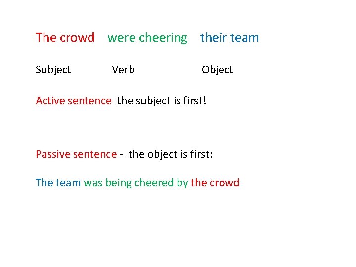 The crowd were cheering their team Subject Verb Object Active sentence the subject is